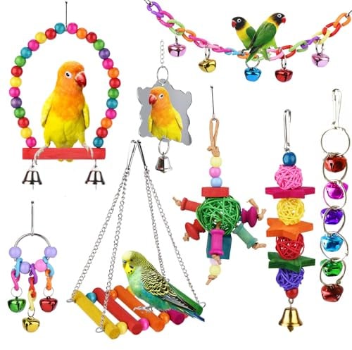 ESRISE 8 Pcs Parakeet Cockatiel Bird Toys, Parrots Cage Accessories Swing Wooden Perch Chewing Toy for Budgerigar, Conures, Love Birds, Finches, Budgies