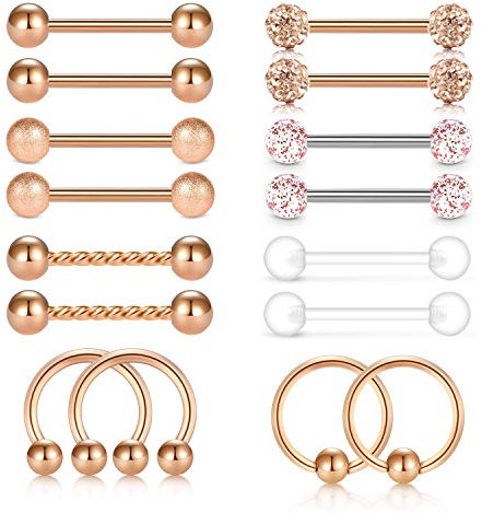 Mayhoop 8 Paar Chirurgenstahl Brustwarzenpiercing Zungenpiercing Set 14G 1.6mm Barbell Hufeisen Circular Barbell und Captive Bead Hoop Rings Rosegold Set 14mm
