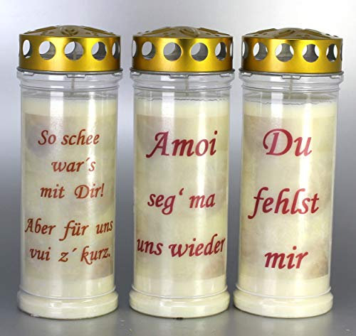 3 Stück Grablichter, Grabkerzen, 3er Set mit Spruch und Motiv, Größe 21x7,5 cm - Brenndauer ca. 7 Tage je Grablicht – 3886 – Elegante Gedenkkerzen, Trauerkerzen mit Spruch.