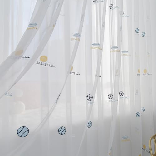 Lsimeru Fussball Vorhang Kinderzimmer Junge 140x160 Kurz Vorhänge Kräuselband Transparent 2 Stück Gardinen Durchsichtig Kinder Dekoschal für Fenster Schlafzimmer
