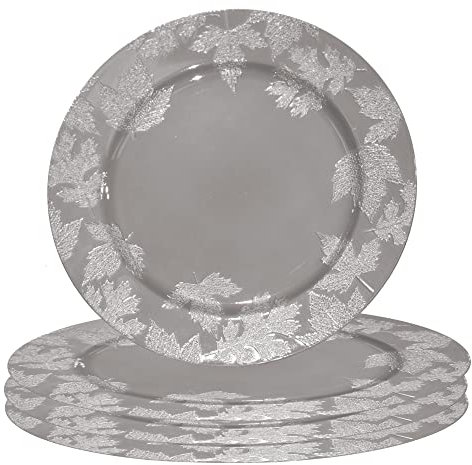Sottopiatto Bordo Foglie Pungitopo Colore Argento in plastica Rigida Tondo 33 cm Natale cenone sotto Piatto Natalizio Capodanno Natale Cena Aperitivo