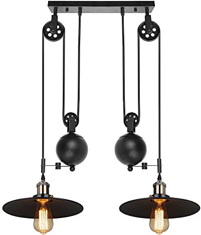 iDEGU 2-flammig Hängelampe Industrielle Pendelleuchte mit Riemenscheibe Vintage Hängeleuchte Deckenleuchte für Wohnzimmer Küche Restaurant, Ø 26 cm, Schwarz