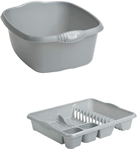 Plastic Rectangular Washing Up Bowl & Large Dish Drainer Rack Plate Holder Kitchen Sink 2 Pc Set (Silver)