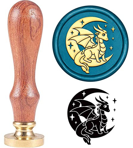 SUPERDANT 30mm Wachssiegelstempel Mond Drachen Sterne Muster Wachssiegelstempel Messingkopfstempel Holzgriff Für Geschenkumschläge Karte Briefe Pakete Ohne Wachs