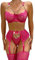 Aranmei Sexy Femme Ensemble Lingerie Jarretière avec Porte Jarretelles Dentelle Soutien-Gorge et Culotte Ensemble,Rose Rouge,S
