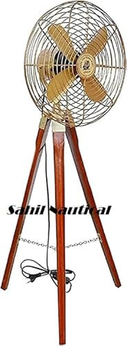 Sahil Nautical Ventilatore da pavimento in ottone anticato, stile vintage, con treppiede, decorazione per la casa, marrone