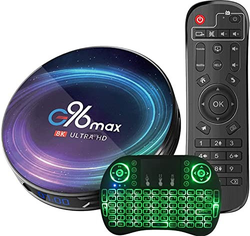 AMITVA Android TV Box 11.0, Smart TV Box S905X4 4GB 128GB Supporto 2.4G 5.8G WiFi Bluetooth 4.1 con Mini Tastiera Retroilluminata Ethernet LAN 3D 4K Video Set Top TV Box,2gb+16gb