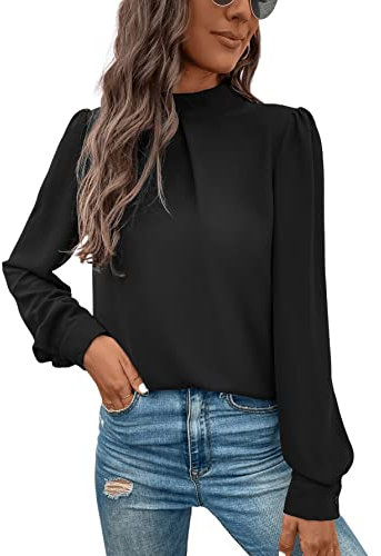 GORGLITTER Damen Blusen Elegant Hemdbluse Stehkragen Chiffonbluse OL Business Oberteil Schwarz M