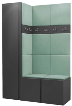Mirjan24 Garderoben-Set Monati IX, Kleiderschrank, Schuhschrank mit 6 Fächer, 2X Kleiderhakenbrett, Gepolstertes Paneel/Wandpaneel, 8 Doppelhaken, Flurgarderobe, Wandgarderobe (Graphit, Manila 11)