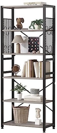 TREETALK 6 Tier Bookshelf, Standing Bookcase with 2 X-shape Strips,Metal Mesh Side Panels, 8 S-shaped Hooks, Industrial Storage Rack for Office, Living Room (Grey)