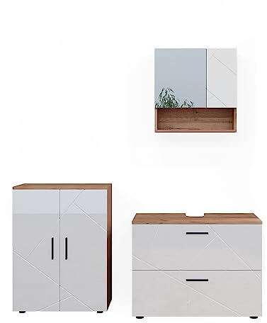Vicco Badmöbel-Set Irma, Weiß Hochglanz/Goldkraft Eiche, 80 cm | besteht aus Waschbeckenunterschrank, Spiegelschrank und Midischrank