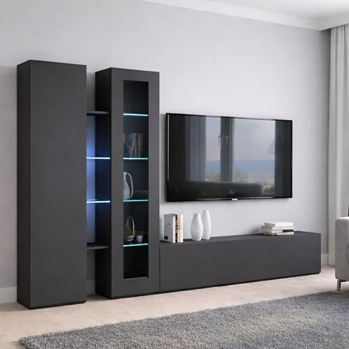 Dmora - Ausgestattete Wand Dimitri, 3-türiges TV-Ständer-Wohnzimmerset, Mehrzweck-Wohnzimmermöbel mit Vitrine und LED-Licht, 100% Made in Italy, 280 x 30 x 180 cm, Anthrazit,