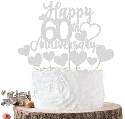 Joyeah Happy 60th Anniversary Cake Topper Decorations Gold Glitter Wedding Anniversary Cake Topper Supplies Party Cake Decor (Silver 60th)