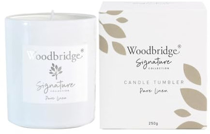 Woodbridge Duftkerze im Glas mit Deckel | Pure Linen | Duftkerze Frisch | kleine Duftkerze | Brenndauer bis 50h | Weiße Kerzen (250g) | Signature Kollektion
