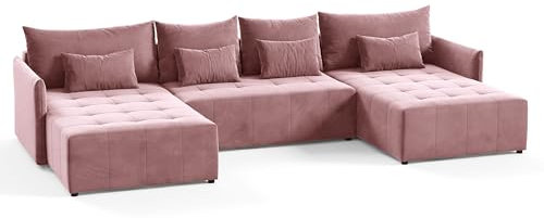 Wohnlandschaft Leno U mit Schlaffunktion - U-Form Couch, Ecksofa mit Bettkasten, Couchgranitur mit Bettfunktion, Schlafsofa, Big Sofa - Velours Stoff (Rosa (Kronos 29))
