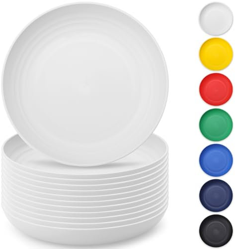 Berglander Weiß Plastik Teller Set 12 teilig 23cm, mehrweg unzerbrechliche Speiseteller, Salatteller, Nudelschalen, Geschirr Leichtes Tragen für Picknick, Camping, Garten, im Freien
