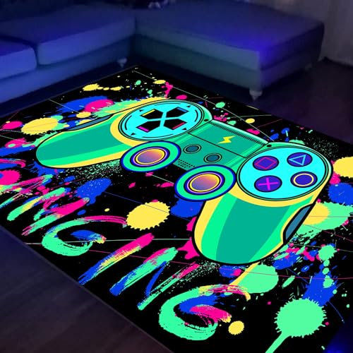 HOLAVIDA Alfombra Juego Juegos de Neón, 3D Controlador Reactivo Luz Negra, Luminosa Antideslizante, Brilla Oscuridad, Decoración Niños, 180x120cm