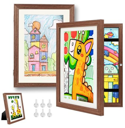 Hipsignal Kinder Bilderrahmen, 2 Stück A4 Befüllba Bilderrahmen für Kinder mit Frontöffnung und Halterung zum Aufhängen oder Aufstellen von Kinderzeichnungen, Kunstprojekten (Walnuss)
