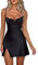 Edhomenn Women Sexy Mini Dress Ruched Wrap Sleeveless Short Dress Square Neck Flower Print Spaghetti Strap Y2k Dress (04 Black, S)