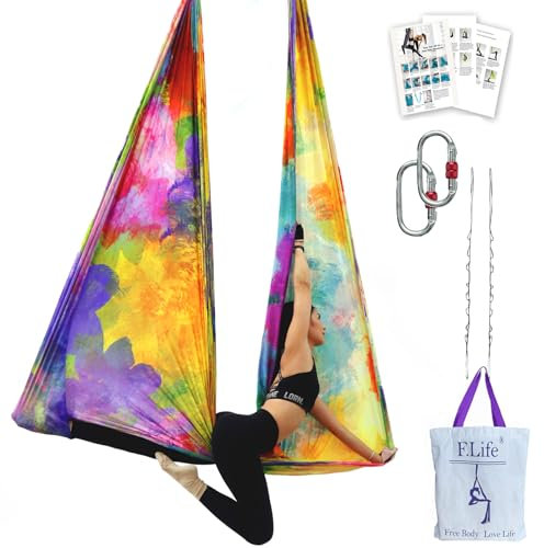 F.Life Aerial Yoga Hängematte, 4,5 m, Premium-Luft-Seidenstoff, Yoga-Schaukel für Antigravitation, Yoga, Inversion, inklusive Gänseblümchen, Karabiner und Posenanleitung (buntes Leben)