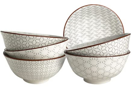 Ard'time - Lot de 6 Bols Médiums, bols à Céréales, à Soupe, Bols en Porcelaine Blanches avec Imprimés Gris, Vaisselle Elégante, Contenance 550ml, Adapté Lave-Vaiselle et Micro-onde, Collection SLOW