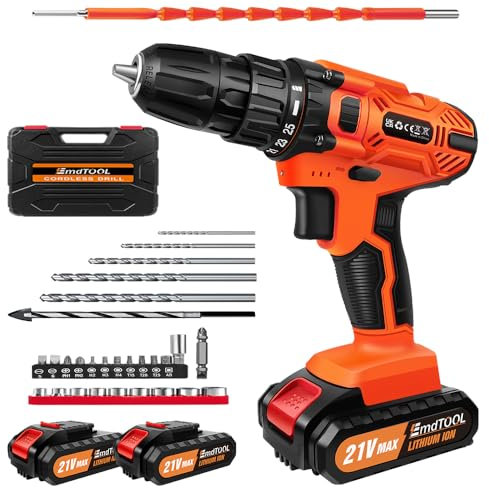 21 V Akkuschrauber mit 2 Akkus und 1 Ladegerät, 25 + 1 Drehmomentstufen Akku-akkuschrauber mit LED Licht, 45Nm Max Akkuschrauber Werkzeugkoffer, 29PCS Zubehöre Set für Haus und Garten, Orange