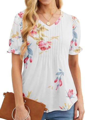 GRECERELLE Womens V Neck Tops Summer Elegant Front Pleated T Shirts for Women UK Ruffle Short Sleeve Blouses Tunic (Rose White, L)