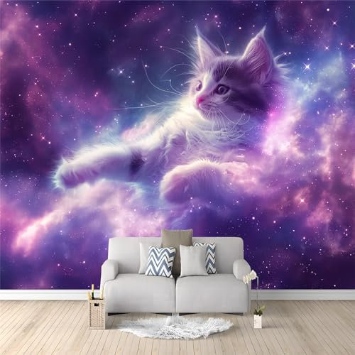 Fototapete 3D Effekt Sternenhimmel Tier Katze Lila 200x140 cm Vliestapete Wohnzimmer Schlafzimmer Vlies Tapete Art Wandtapete UV-Beständig Wanddekoration Tapete