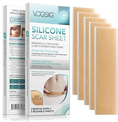 Bande de silicone pour cicatrices, bande de silicone souple de qualité médicale pour l'élimination des cicatrices - 5 bandes pour césarienne, chéloïdes, chirurgie