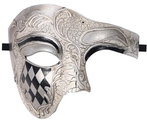 JewelryWe Venezianische Maskerade Maske für Herren: Silber Phantom der Oper Halbmaske Vintage Italienische Karnevalsmaske Halbgesichtsmaske Kostüm Maske für Männer Halloween Cosplay Karneval Party