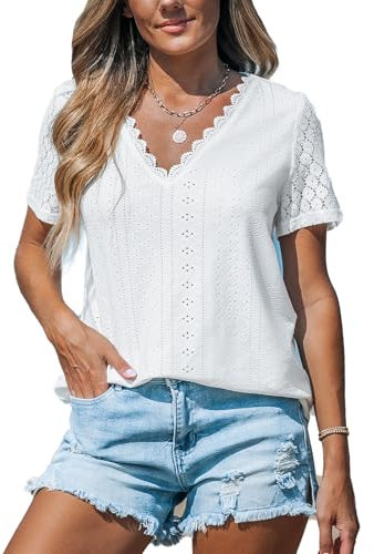 CUPSHE Women's Tops Eyelet Lace Short Sleeve Blouse Knit V Neck Lace Trim Breezy Ladies Summer Tops, White, M