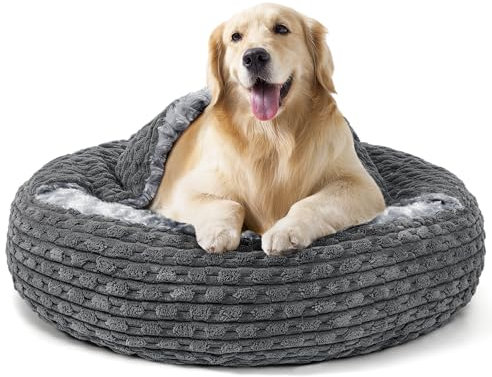 Heymamba Large Dog Cave Bed, Anti Anxiety Dog Donut Bed, Thickened Round Dog Bed for Large Dogs, Calming Sofa Support Neck and Head, Extra Large Pet Bed for Border Collie, 79x79x20cm