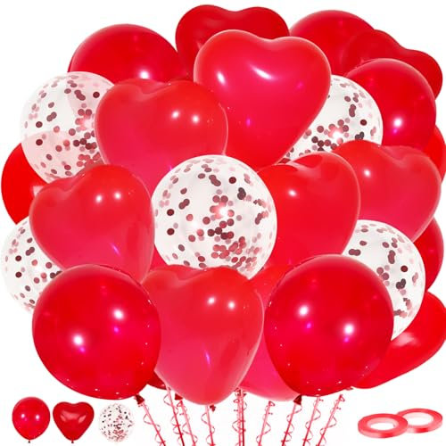 60-Pack-rote Latexballone Rote Herz-Ballone und rote Konfetti-Ballone mit rotem Band für Geburtstag Graduierung Baby Dusche Valentines Weihnachten Hochzeit Party Dekorationen