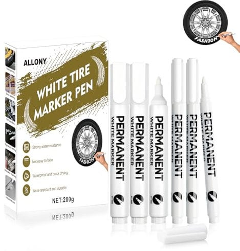 Allony Tire Paint Marker Pens, White Tyre Paint Pen, Waterproof, Suitable for Marking, Graffiti, etc. on Car Tires, 6 Pieces