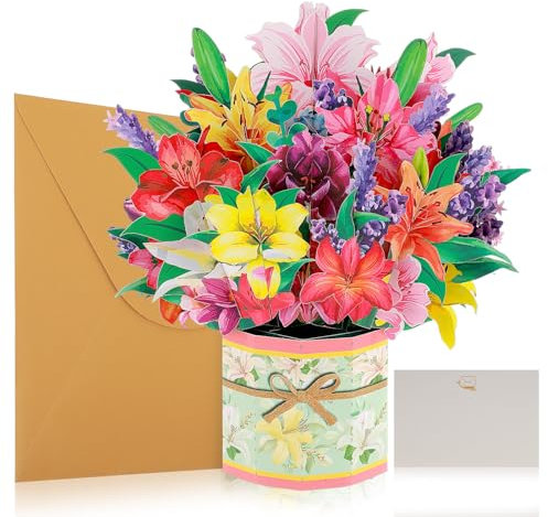 PEOVLVN Biglietto pop-up per bouquet di fiori, bouquet di fiori di gigli, biglietti pop-up di carta fresca tagliata con bouquet di fiori 3D con busta, biglietti di anniversario, biglietti di