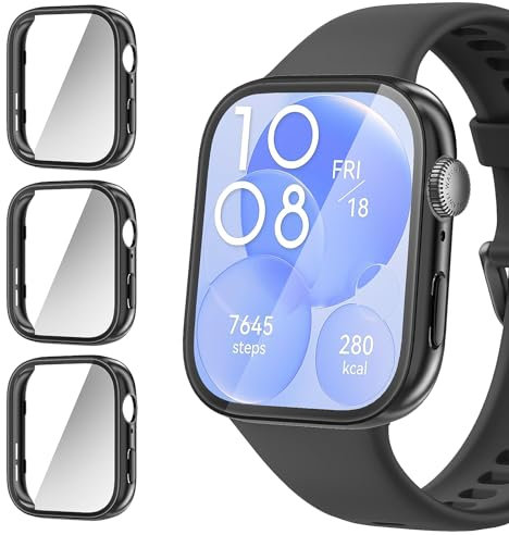 Diruite 3 Stück Hülle für Huawei Watch Fit 3 Schutzhülle,HD Hartglas Glas Kratzfest Rundum PC Ultradünne Displayschutz Case[Nicht Wasserdicht] Schwarz&Schwarz&Schwarz