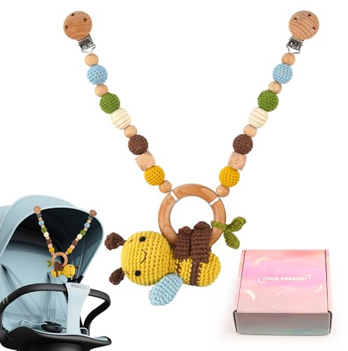 JWTRSVTY Kinderwagenkette aus Holz und Häkeln, Cartoon Tiere Kinderwagenkette, Weihnachten Holz Kinderwagenkette mit Geschenkverpackung, Geschenk zur Geburt für Babys Ab 0+ Monaten (Bienen)