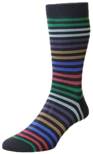 Pantherella Mens Kilburn All Over Stripe Cotton Lisle Socks - Navy - Medium