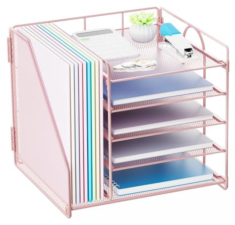 Restorgan Schreibtisch Organizer mit Aktenhalter, 5-stöckiges Papier Briefkasten Organizer, Desktop Organizer und Aufbewahrung, Mesh Schreibtisch Organizer und Zubehör für Bürobedarf zu Hause(Rosa)
