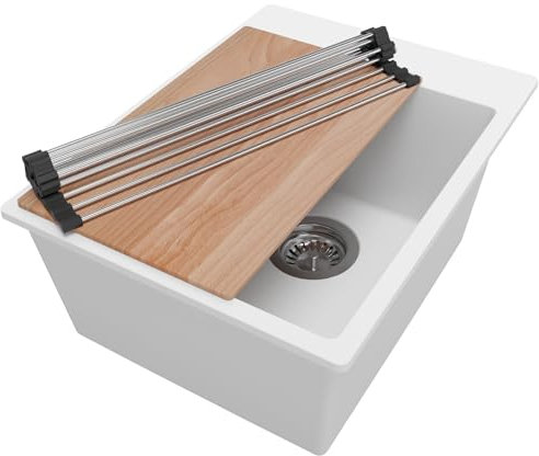 PRIMAGRAN Evier Cuisine en Granit Blanc 38x50cm, Lavabo 1 bac + Kit de Vidage + Accessoires, Évier à Encastrer au meuble 40cm - Riga