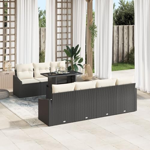 vidaXL Garten-Sofa-Set mit Kissen 8 pcs Schwarz und Creme, Garten und Terasse Lounge-Set, modernes Sofa für draußen, UV-beständige Materialien, abziehbare Kissen, Sitzgelegenheit