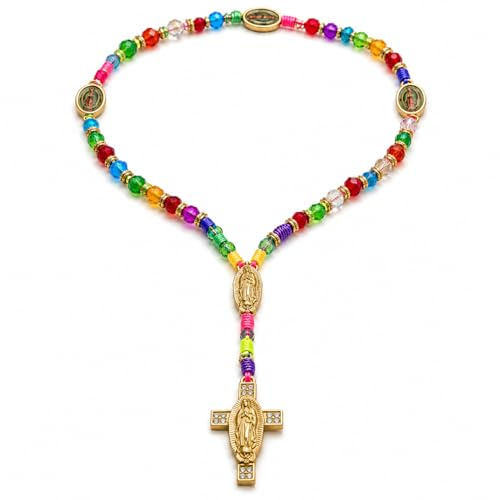 Davaco Rosario Virgen de Guadalupe Multicolor con Cruz Dorada Unisex | Diseño colorido con cuentas facetadas. Inspirado en la tradición y la devoción. Ideal para regalo con significado.