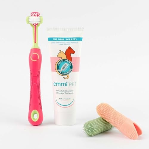 emmi-pet Zahnpflegeset für Hunde - 1x3köpfige Hundezahnbürste mit 1x Hundezahnpasta und 2x Fingerzahnbürste (Pink, Welpe - Junghund)