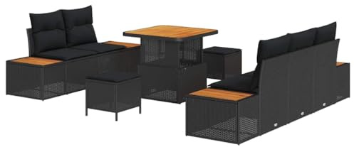vidaXL Garten-Sofa-Set mit Kissen 8 pcs Schwarz Poly Rattan, Garten und Terrasse, modulares Outdoor-Sofa-Set, strapazierfähige Rattank Couch, rechteckige Lounge mit verstellbaren Füßen