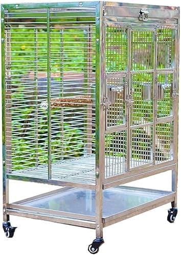 Großer Papageienkäfig – Edelstahl mit Holzständer, Bodenrolle und 2 Futterbechern – geräumiges und langlebiges Design für Ihren Vogel