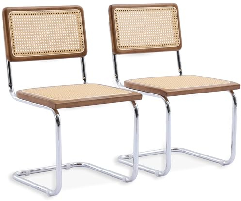 SEEDWAVE 2er-Set Freischwinger Esszimmerstühle mit Rattan-Sitz & Walnuss-Holzrahmen – Moderne Retro Stühle mit Metallrahmen für Küche, Wohnzimmer, Büro