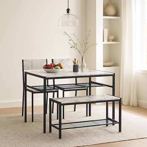 URBNLIVING 4-Piece Dining Set with Table, 2 Chairs & Bench Modern Kitchen Furniture with Sturdy Metal Frame and Wood-Look Finish Compact Design for Small Dining Rooms or Apartments