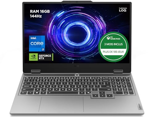 Lenovo LOQ 15IRX10 - Ordinateur Portable Gaming 15.6'' FHD 144Hz (Intel Core i7-13700HX, RAM 16Go, SSD 512Go, NVIDIA RTX 5060 8GB, Windows 11 Home) Clavier rétroéclairé Blanc AZERTY Français - Gris
