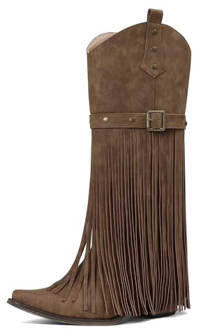 Grakihily Fringe Cowgirl Boots for Women Retro Square Toe Side Zipper Block Chunky Heel Tassel Country Concert Outfits Mid Calf Western Cowboy Boots,Light-Brown Size 7