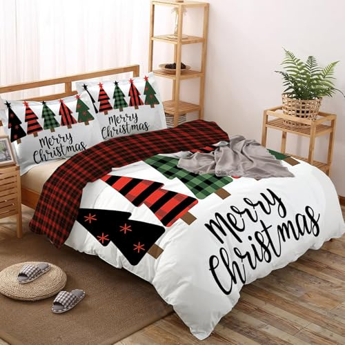 CEDNXOER Bettwäsche 155x220CM 3 teilig Weihnachts - Cartoon Weihnachtsbaum Christmas Bettbezug Set mit 2 Kissenbezüge 80x80 cm, Bettwäsche-Sets Muster Schlicht Kariert mit Reißverschluss, Weiß